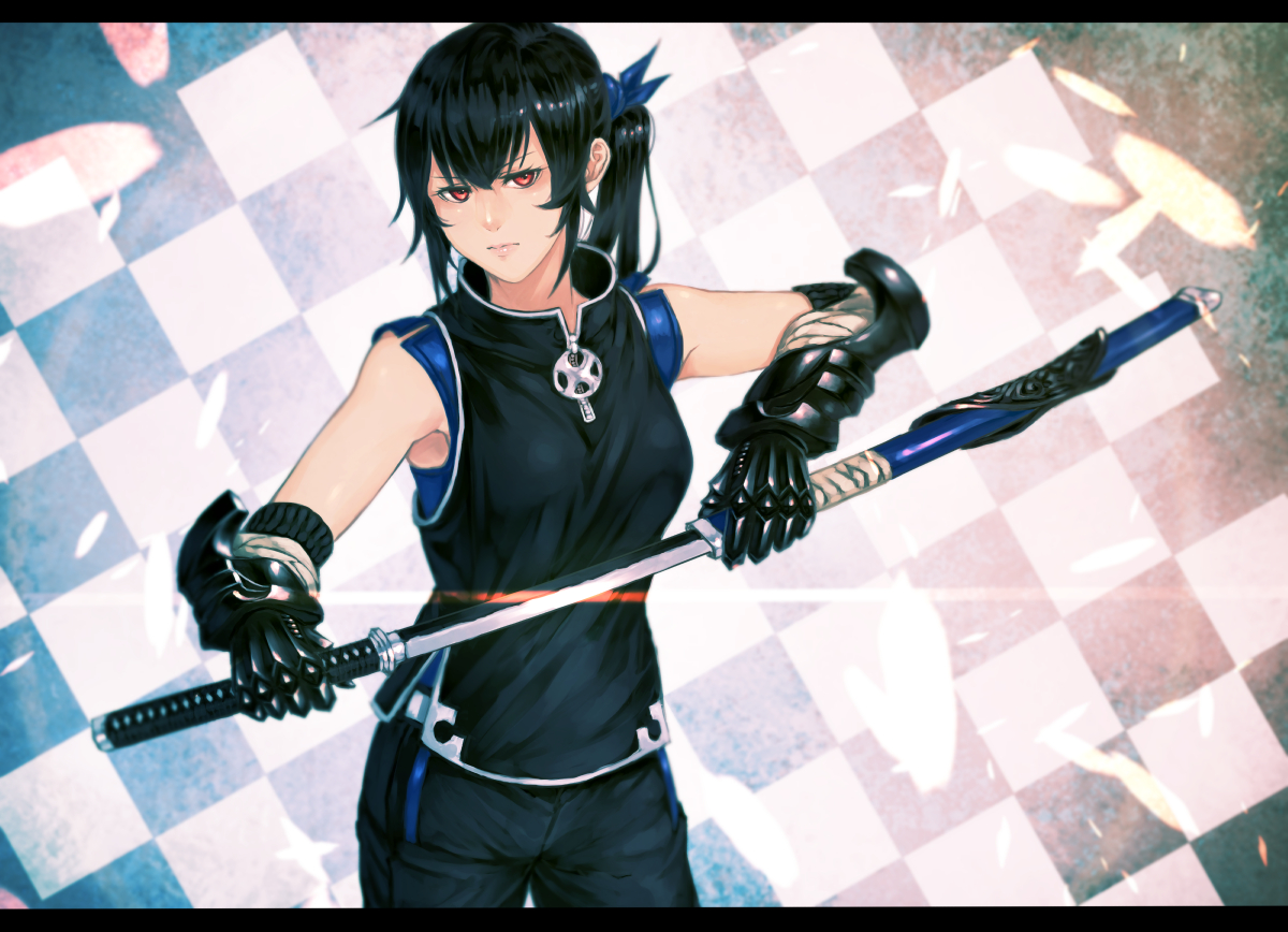 armor, black_hair, gloves, katana, mstm, original, ponytail, red_eyes