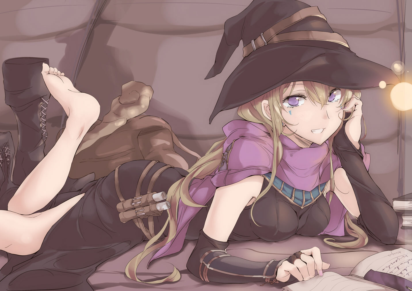 barefoot, blonde_hair, book, boots, hat, long_hair, original, purple_eyes, touma_kisa, witch_hat