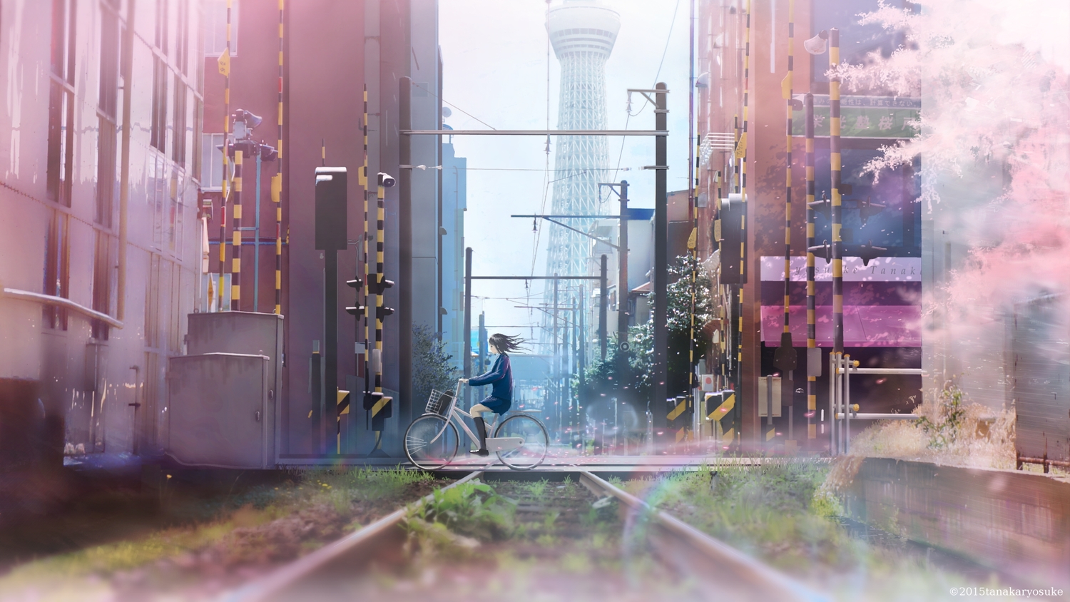 bicycle, building, cherry_blossoms, city, flowers, kneehighs, original, scenic, school_uniform, tanaka_ryosuke, train