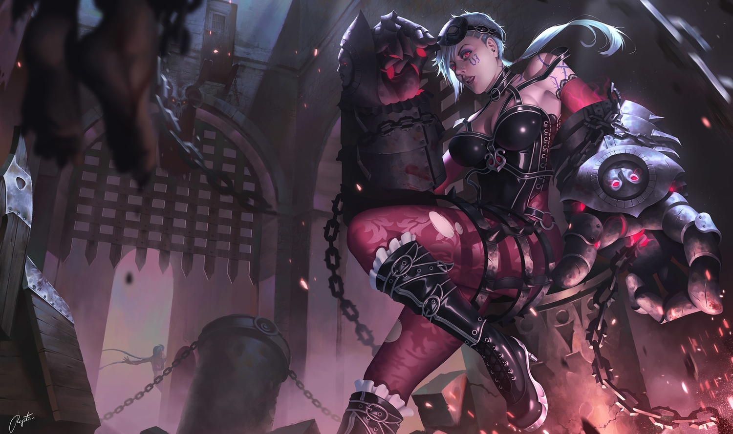2girls, armor, boots, breasts, chain, cleavage, jinx_(league_of_legends), jpeg_artifacts, league_of_legends, ponytail, red_eyes, regition, signed, tattoo, torn_clothes, vi_(league_of_legends)