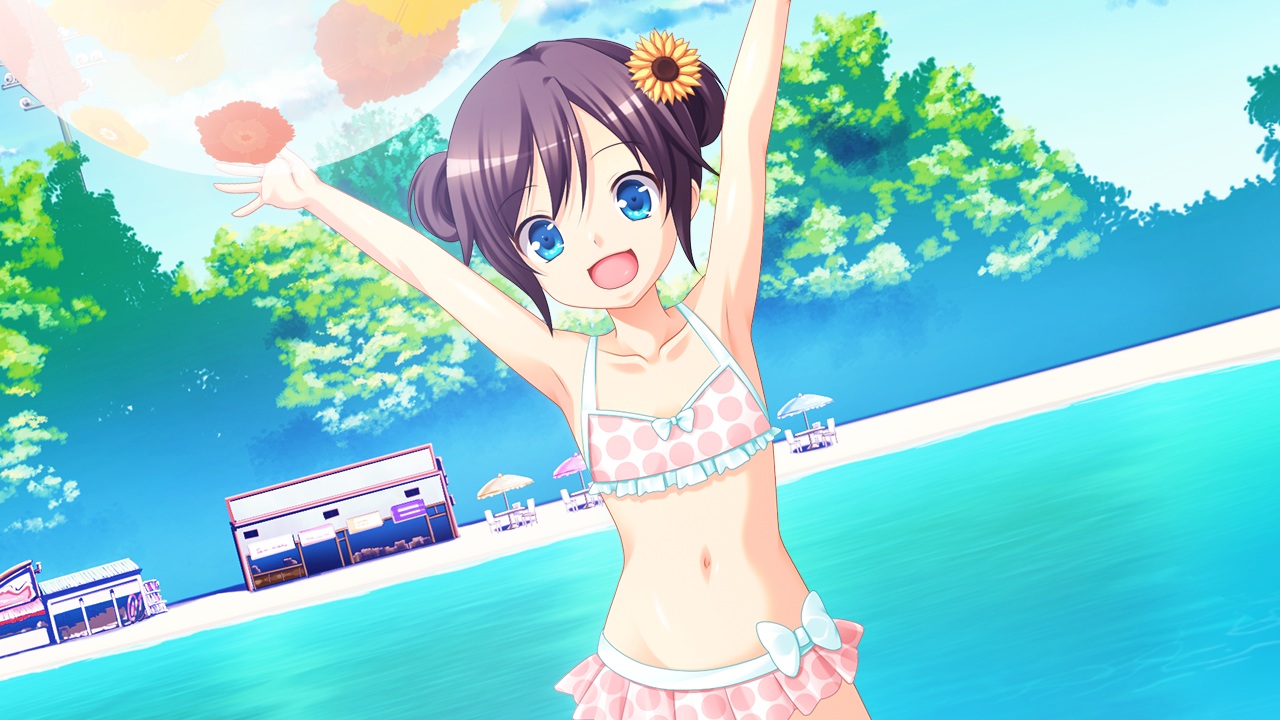 ball, beach, bikini, blue_eyes, brown_hair, building, flat_chest, game_cg