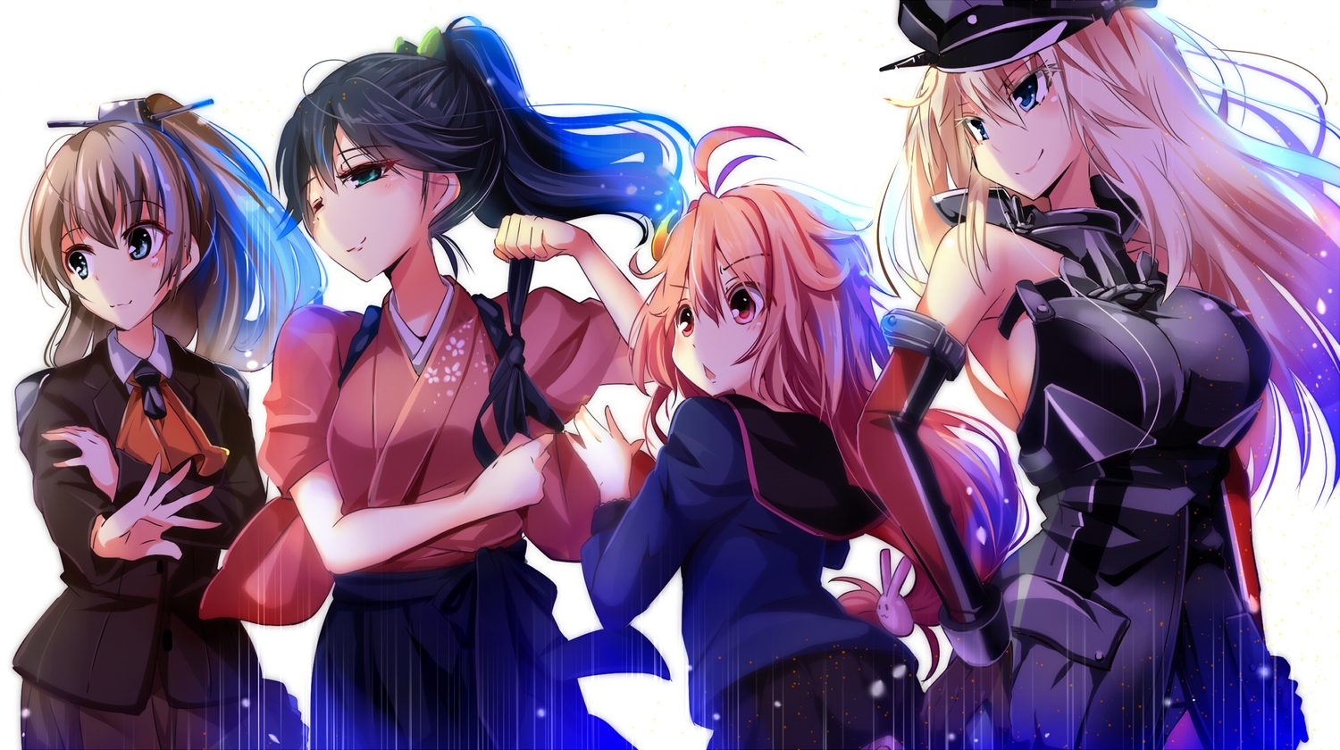 anthropomorphism, bismarck_(kancolle), black_hair, blonde_hair, brown_hair, group, hat, houshou_(kancolle)
