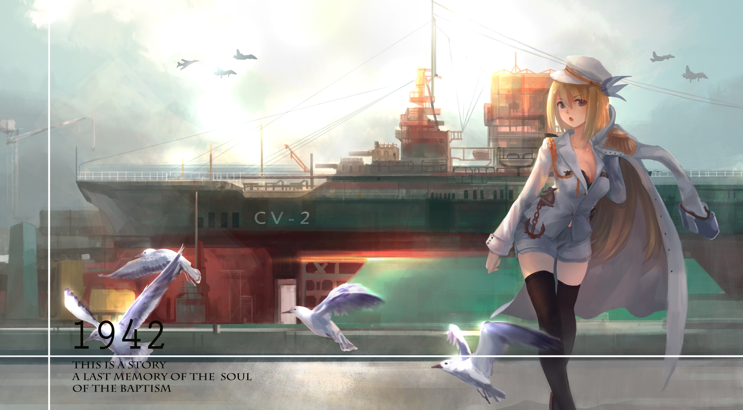 aircraft, animal, anthropomorphism, bird, black_eyes, blonde_hair, boat, bra, breasts, cleavage, clouds, combat_vehicle, hat, lexington, long_hair, magician_(artist), military, shorts, thighhighs, underwear, uniform, zettai_ryouiki, zhanjian_shaonu