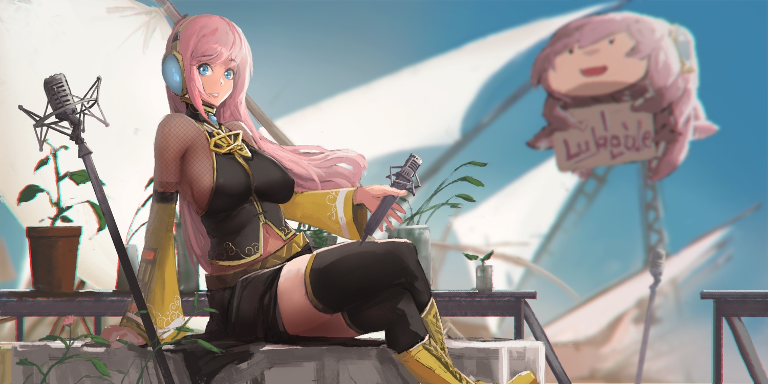 blue_eyes, boots, breasts, headphones, jpeg_artifacts, long_hair, megurine_luka, microphone