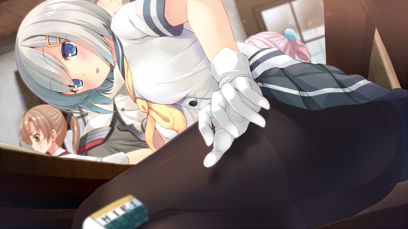 akigumo_(kancolle), anthropomorphism, ass, blue_eyes, blush, gloves, gray_hair, group, hamakaze_(kancolle), kantai_collection, katori_(kancolle), komone_ushio, pantyhose, school_uniform, shiranui_(kancolle), short_hair, skirt
