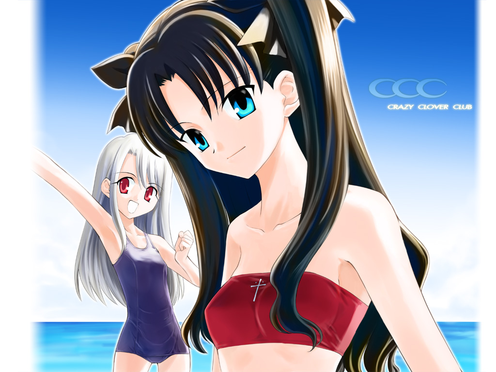 2girls, beach, bikini, crazy_clover_club, fate_(series), fate/stay_night, illyasviel_von_einzbern, loli, summer, swimsuit, tohsaka_rin