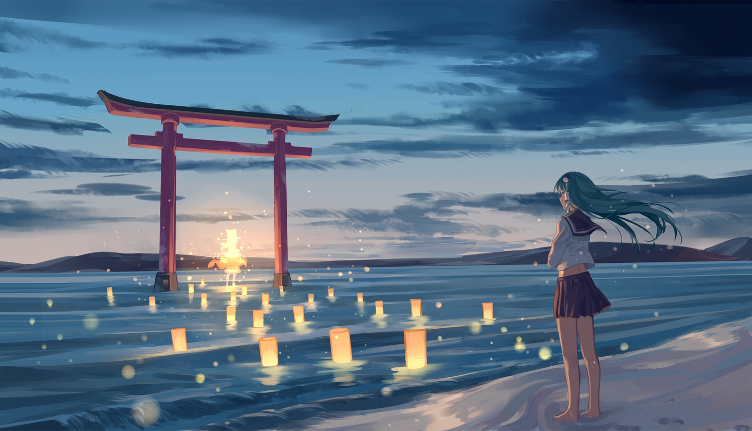 barefoot, beach, clouds, green_hair, kochiya_sanae, long_hair, moriya_suwako, scenic, school_uniform, skirt, sky, sunset, torii, touhou, water, zicai_tang