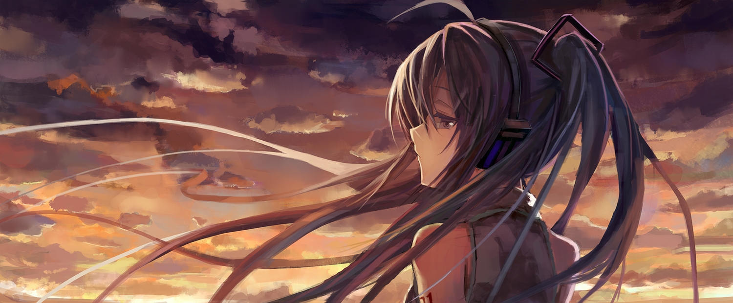 clouds, hatsune_miku, headphones, long_hair, sunset, tianya_beiming, twintails, vocaloid