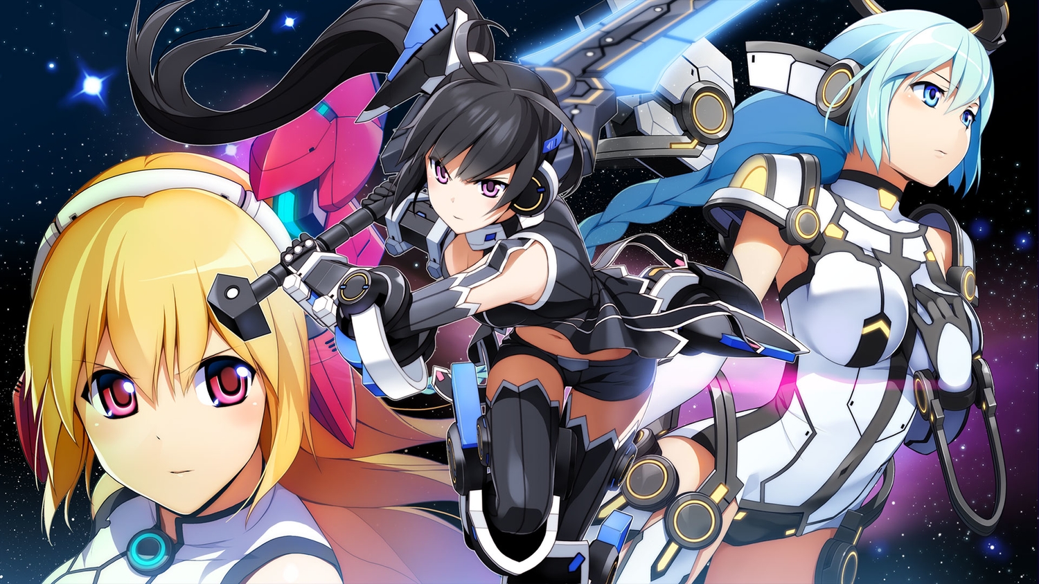 armor, black_hair, blonde_hair, blue_eyes, blue_hair, blush, breasts, cosmic_break