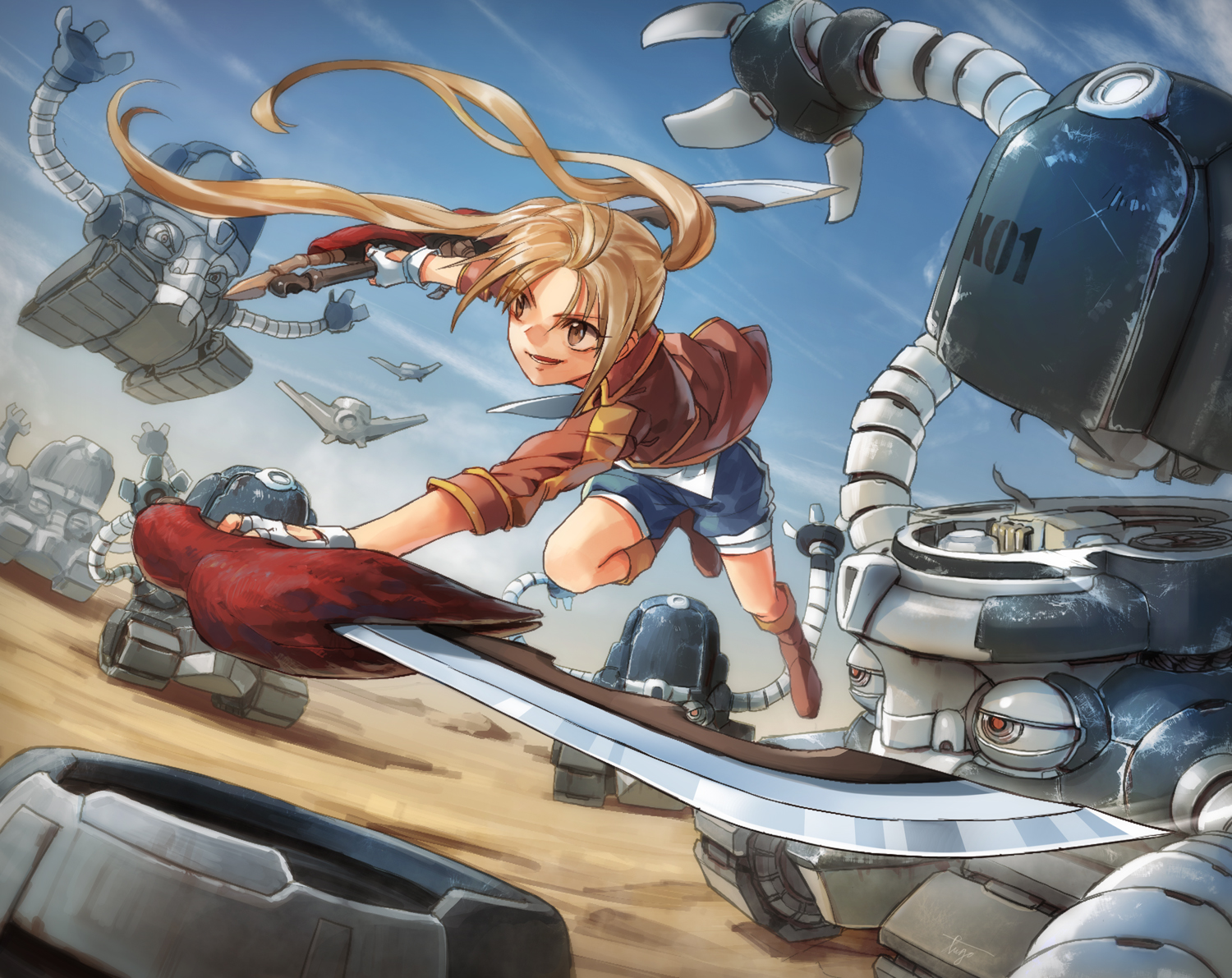 blonde_hair, boots, long_hair, original, robot, shorts, sword, tugo, weapon