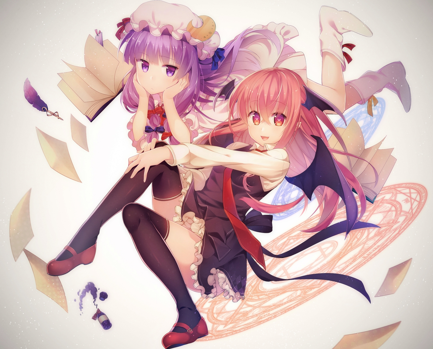 2girls, book, boots, demon, dress, feathers, hat, koakuma