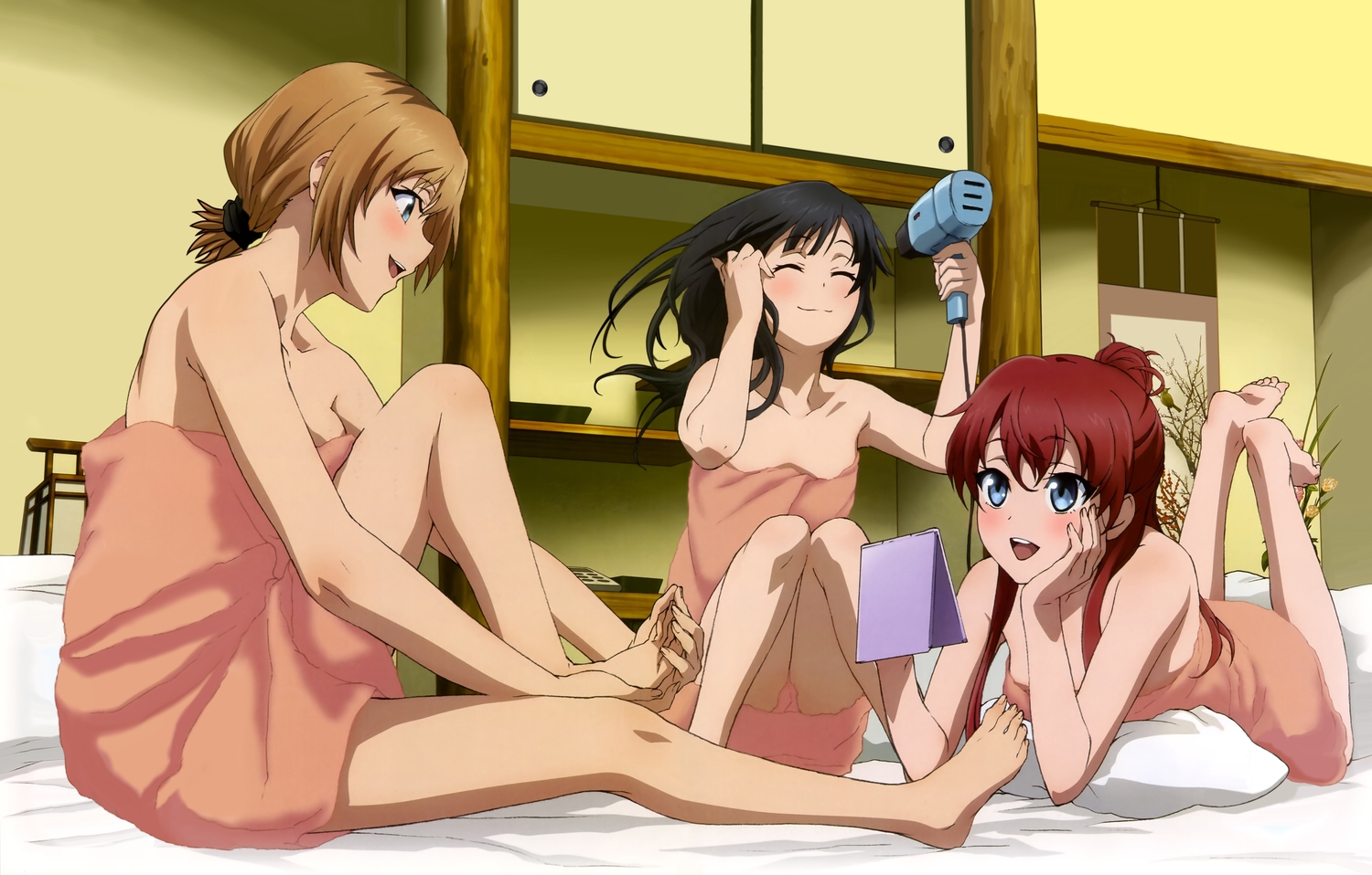 ajiki_kei, barefoot, bed, black_hair, blue_eyes, brown_hair, long_hair, miyamori_aoi, red_hair, sakaki_shizuka, scan, shirobako, short_hair, yasuhara_ema