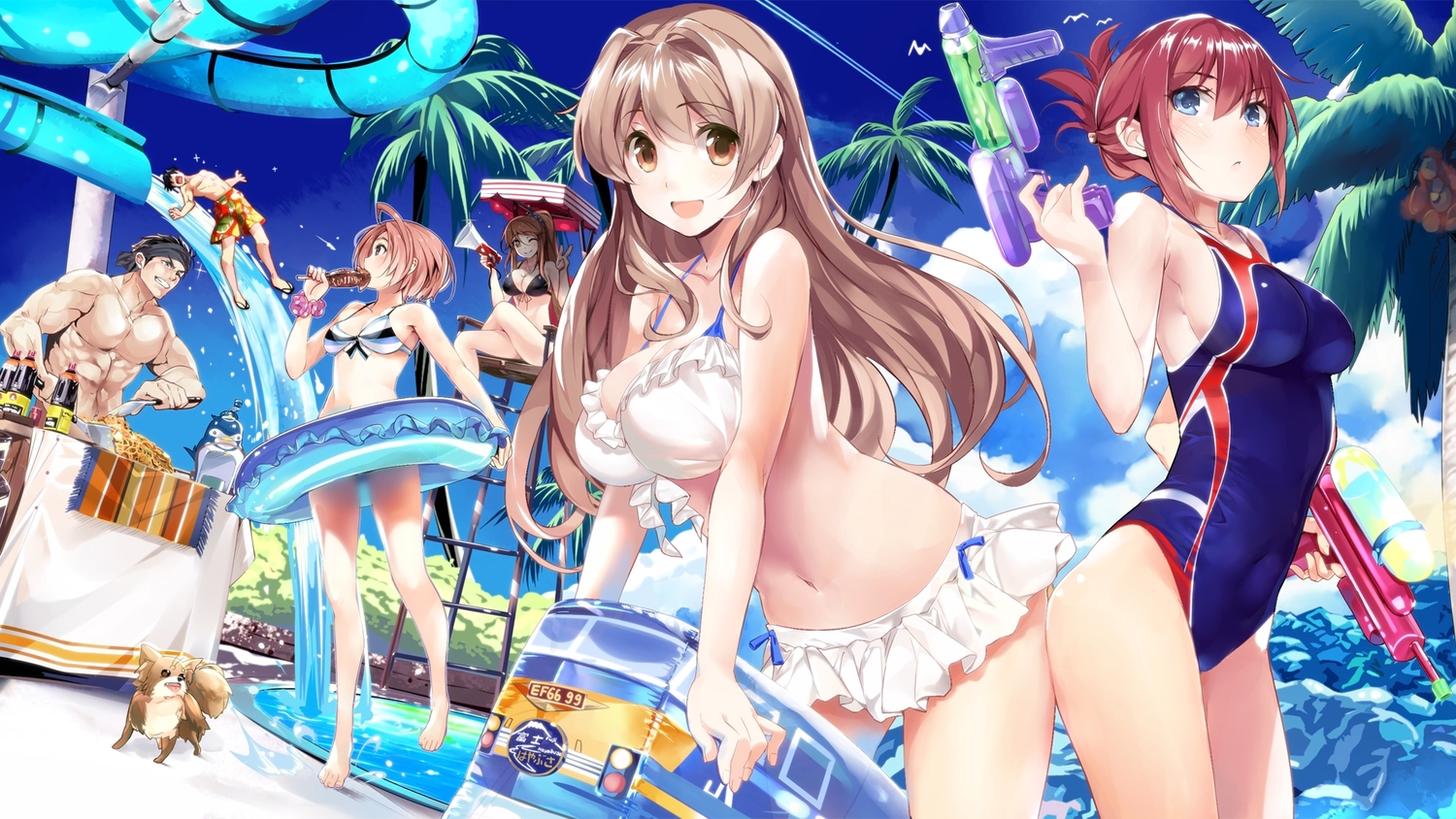 animal, bikini, breasts, cleavage, dog, drink, food, group, gun, iida_nana, iwaizumi_shou, koumi_haruka, male, marushin_(denwa0214), pool, rail_wars!, sakurai_aoi, sasshou_mari, swim_ring, swimsuit, takayama_naoto, water, weapon