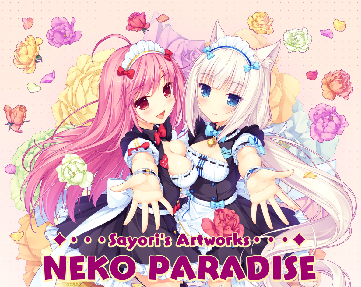 animal_ears, bell, blue_eyes, breasts, catgirl, cleavage, flowers, lily_index, logo, long_hair, maid, nekopara, neko_works, original, pink_hair, red_eyes, rose, sayori, vanilla_(sayori), watermark, white_hair