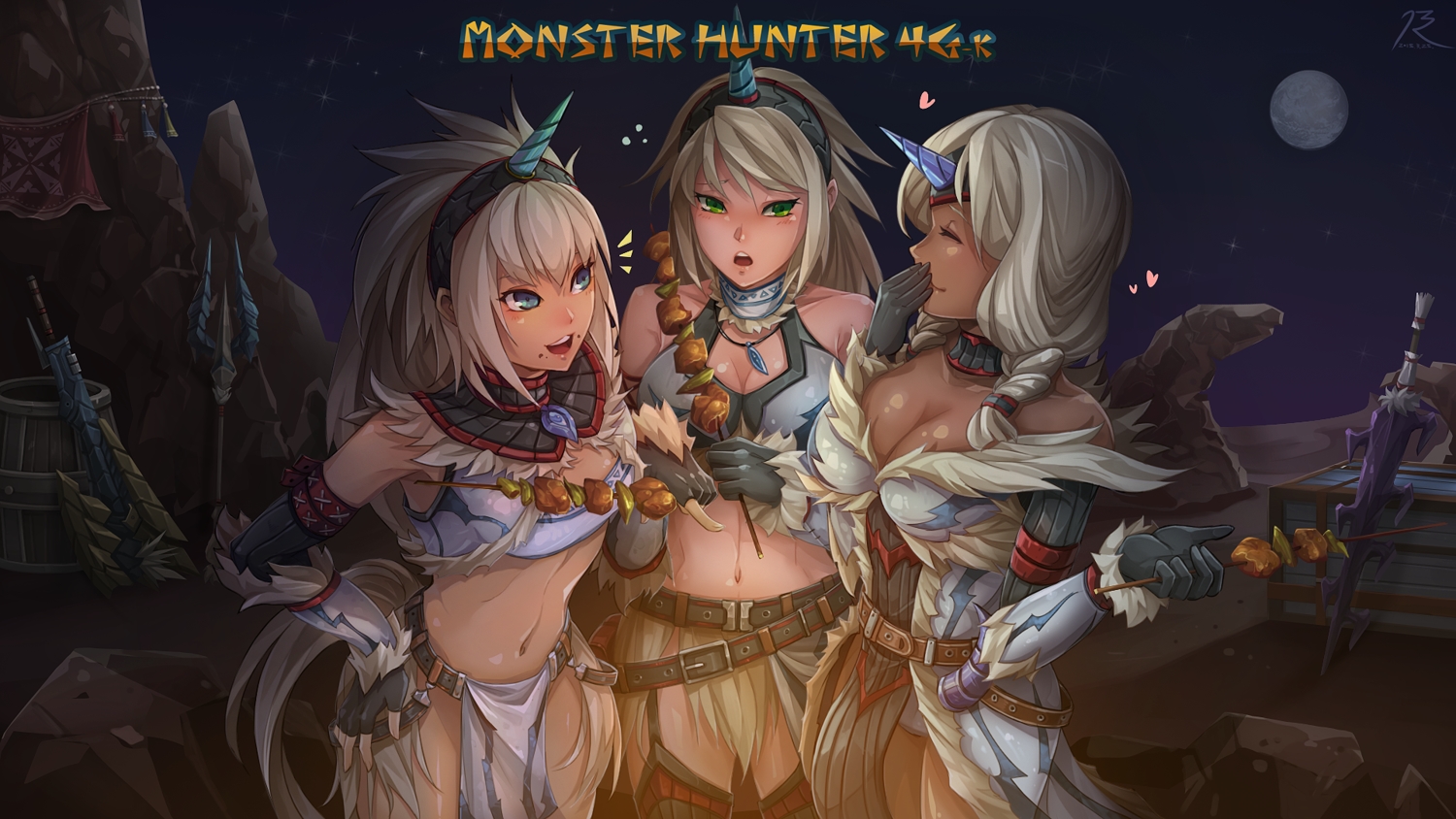 blonde_hair, blue_eyes, breasts, cleavage, dark_skin, food, gloves, green_eyes, headdress, horns, kirin_(armor), long_hair, monster_hunter, navel, necklace, rebe11, sword, weapon