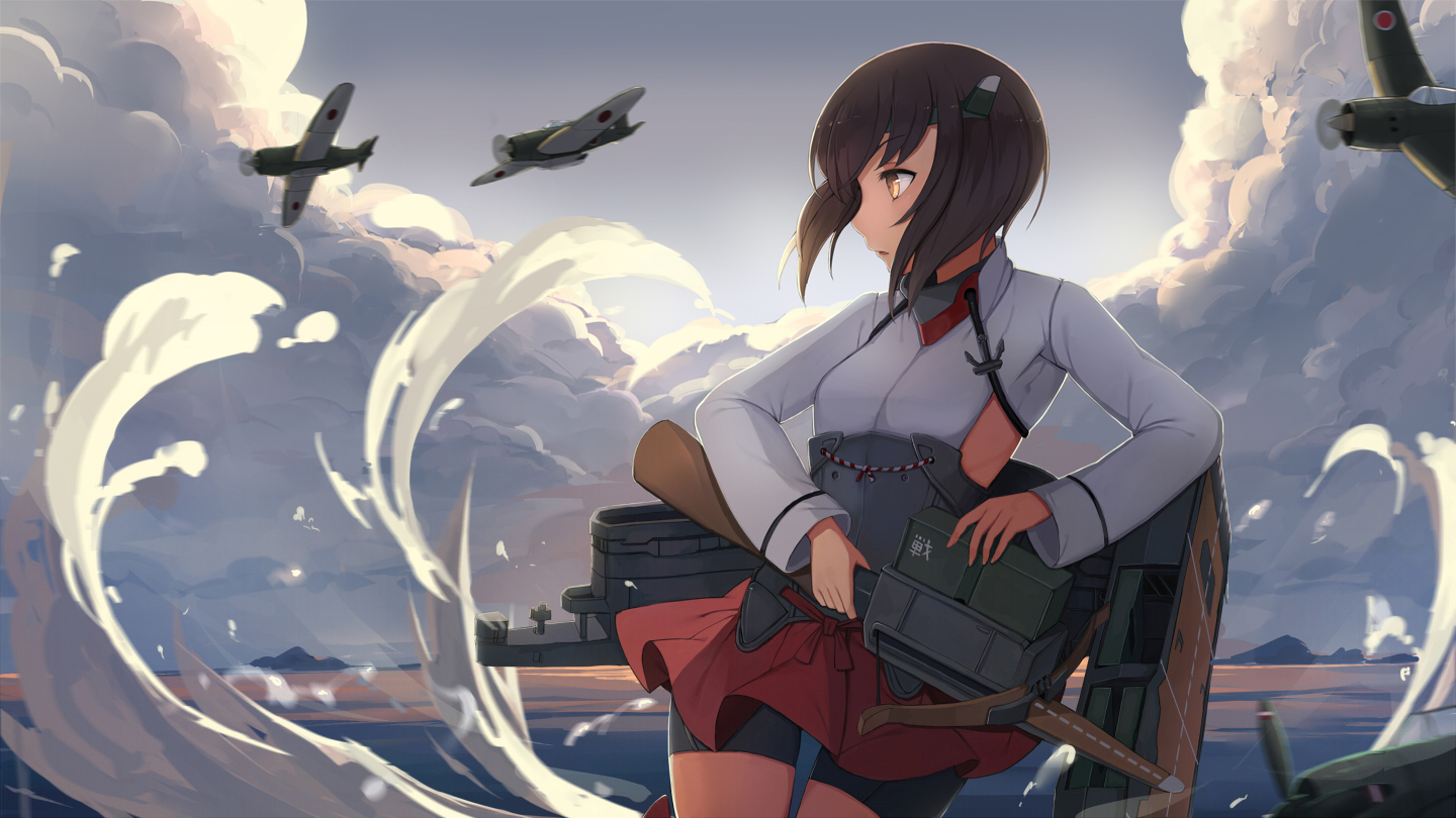 aircraft, anthropomorphism, bike_shorts, brown_hair, clouds, kantai_collection, short_hair, shorts
