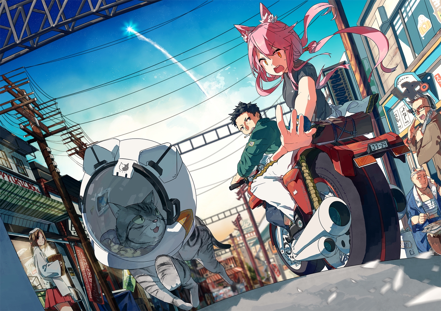 animal, animal_ears, building, cat, catgirl, cigarette, city, hat, hitomai, long_hair, male, motorcycle, orange_eyes, original, pink_hair, scenic