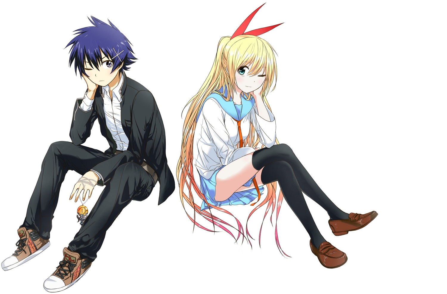 blonde_hair, blue_eyes, blue_hair, ichijou_raku, kirisaki_chitoge, long_hair, male, nisekoi, ribbons, school_uniform, short_hair, sweeter_(h110111), thighhighs, white