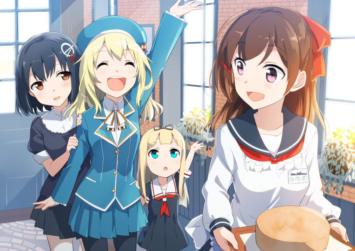 anthropomorphism, apron, atago_(kancolle), black_hair, blonde_hair, blue_eyes, blush, brown_eyes