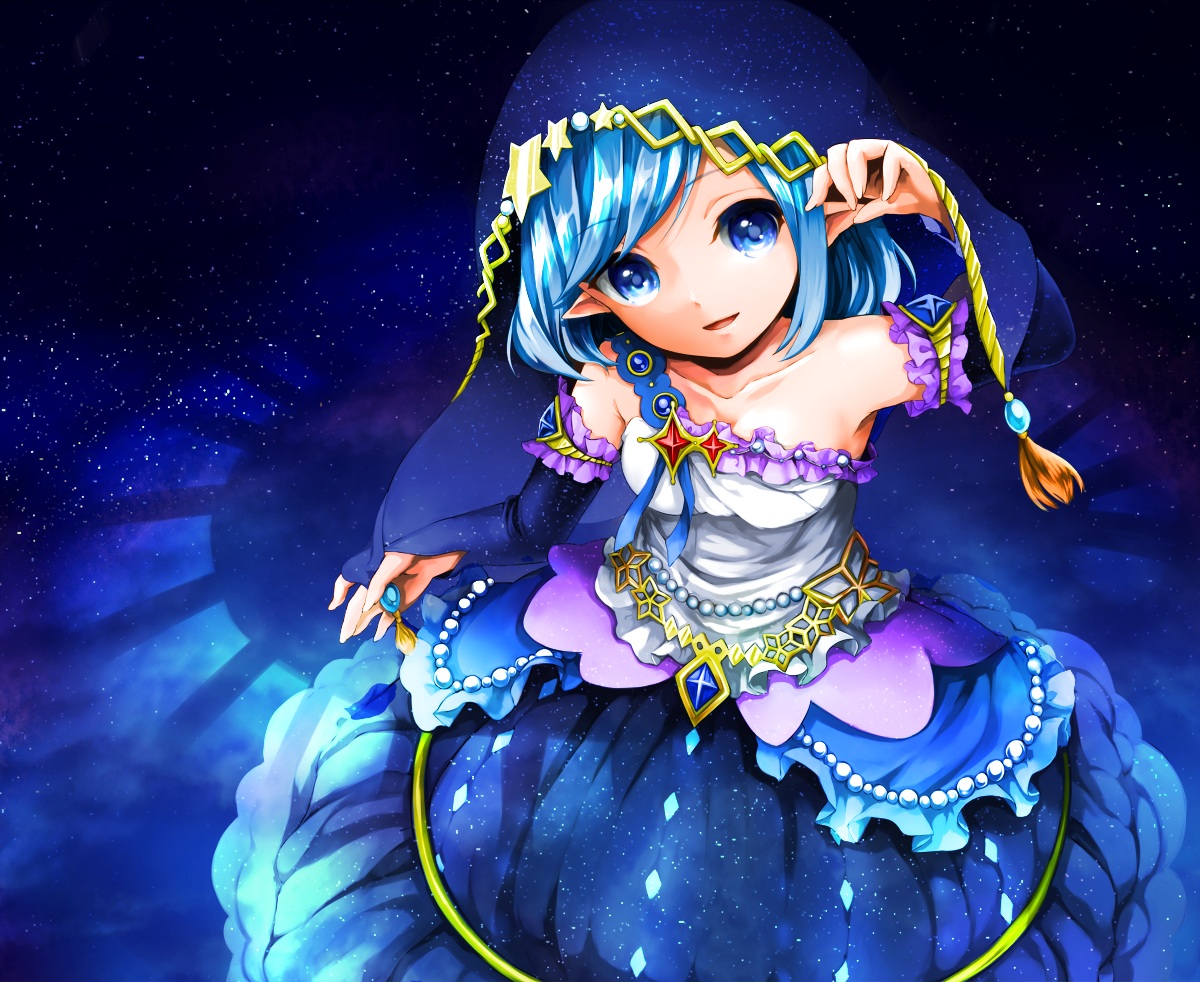 akira_ry0, blue, blue_eyes, blue_hair, elbow_gloves, gloves, original, pointed_ears, skirt, stars