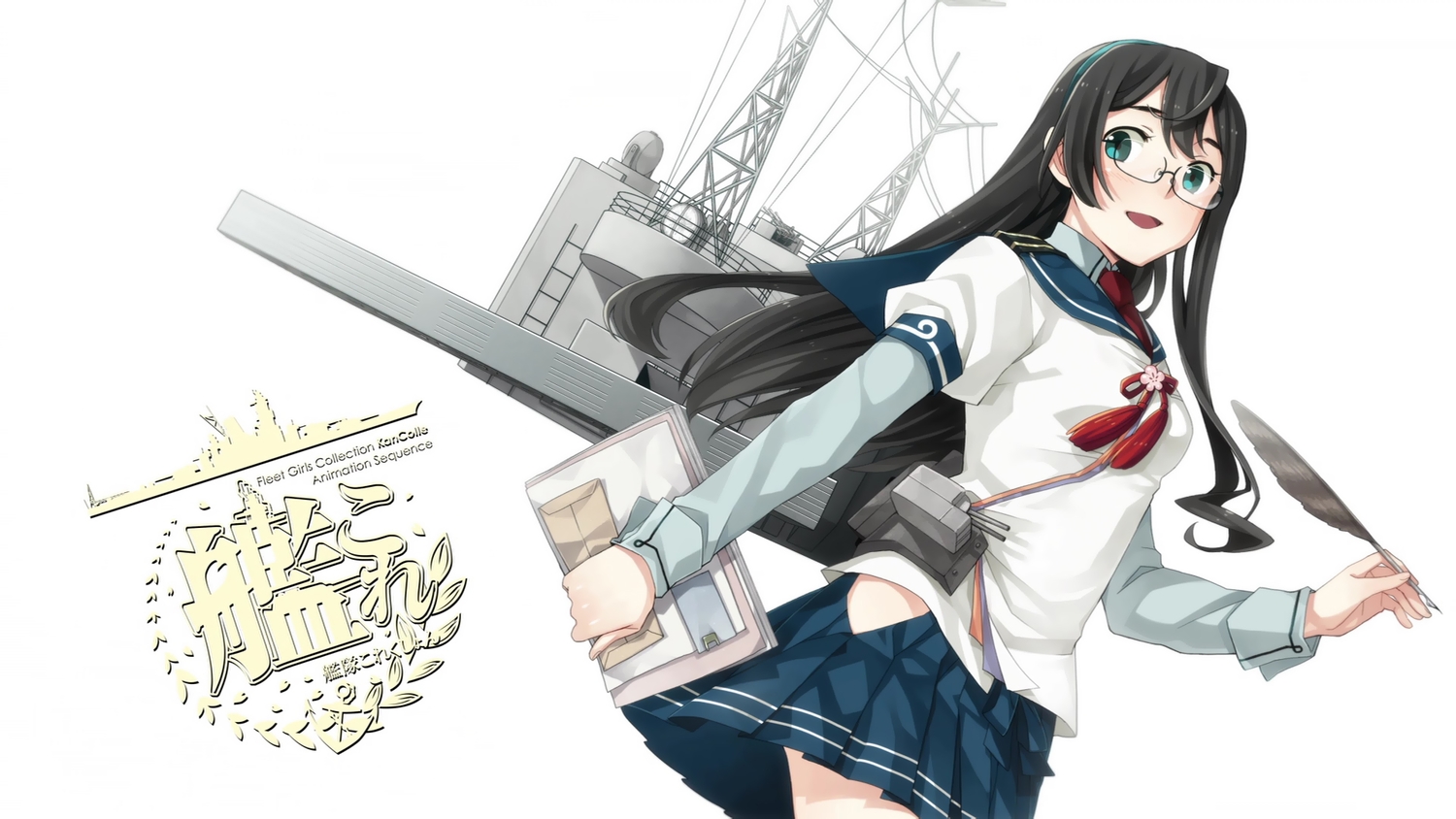 anthropomorphism, black_hair, fujikawa, glasses, kantai_collection, logo, long_hair, ooyodo_(kancolle), paper, school_uniform