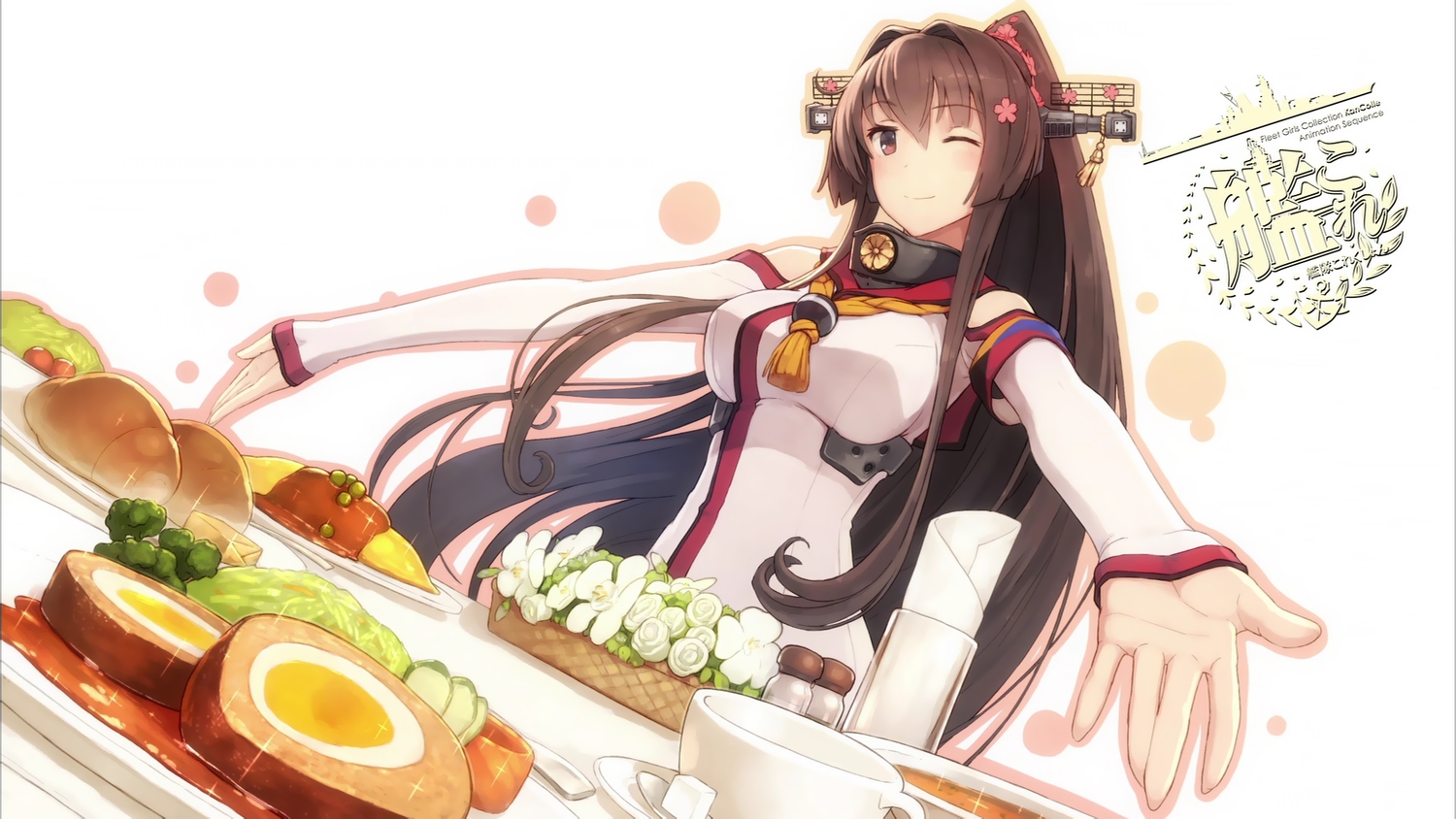 anthropomorphism, food, kantai_collection, logo, long_hair, ponytail, shizuma_yoshinori, wink, yamato_(kancolle)