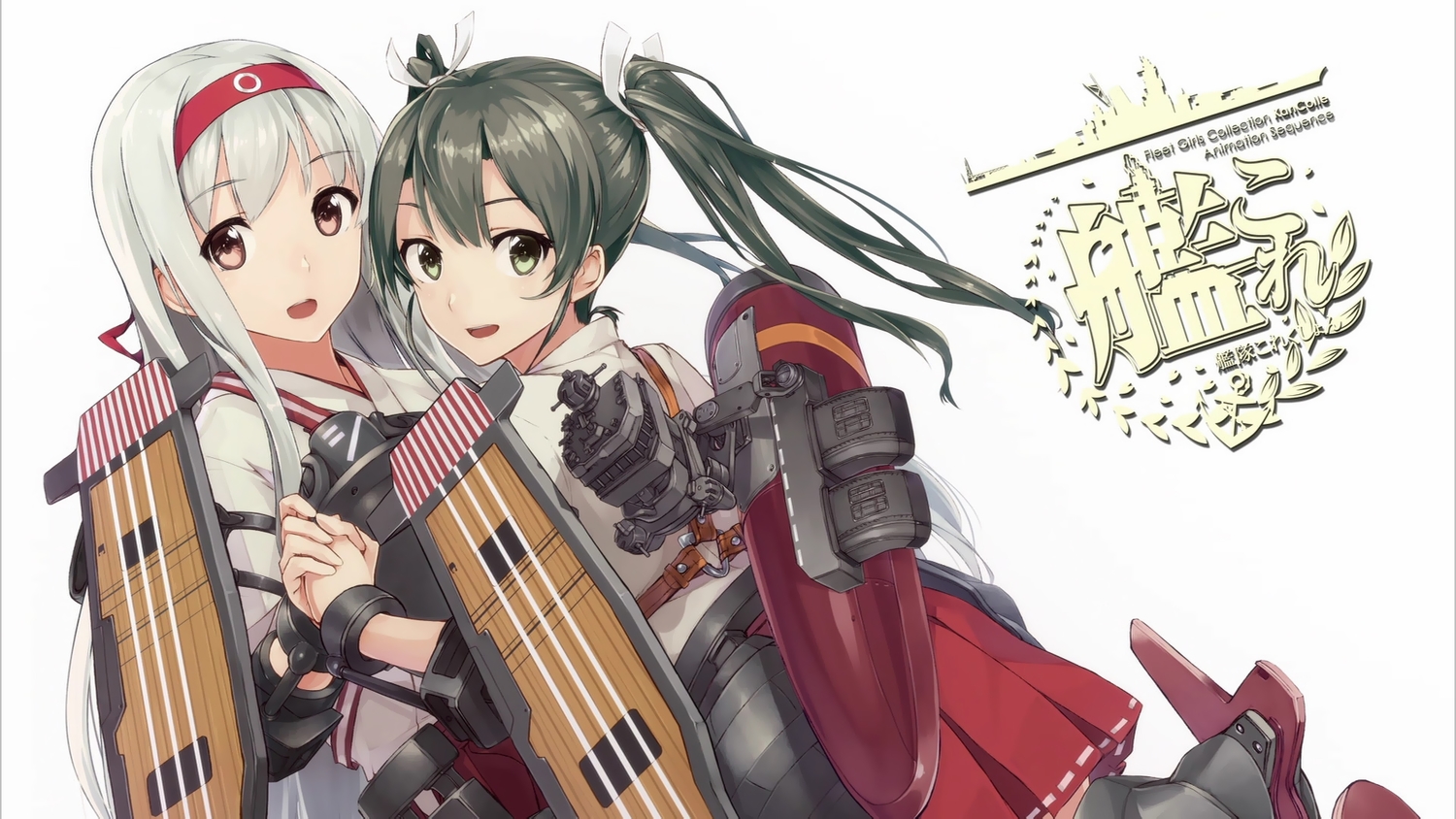 2girls, anthropomorphism, kantai_collection, konishi_(koconatu), logo, long_hair, shoukaku_(kancolle), twintails, white, zuikaku_(kancolle)