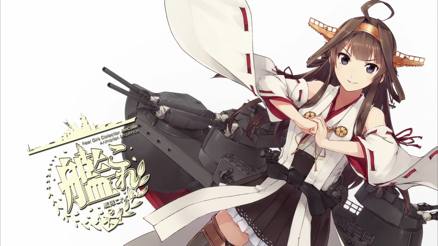 anthropomorphism, brown_hair, kantai_collection, kongou_(kancolle), konishi_(koconatu), logo, long_hair, thighhighs, weapon, white