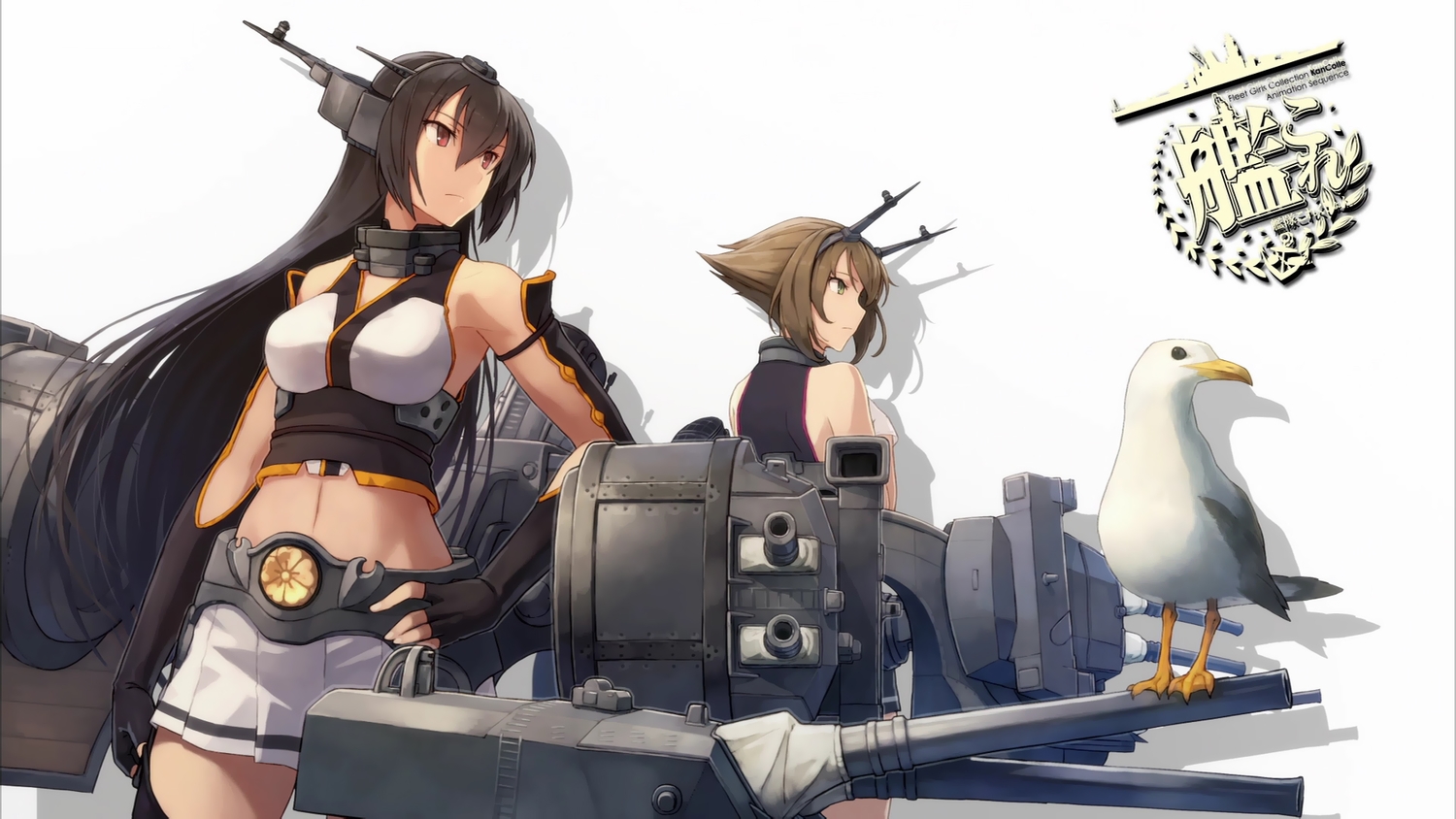 2girls, animal, anthropomorphism, bird, black_hair, brown_hair, kantai_collection, logo