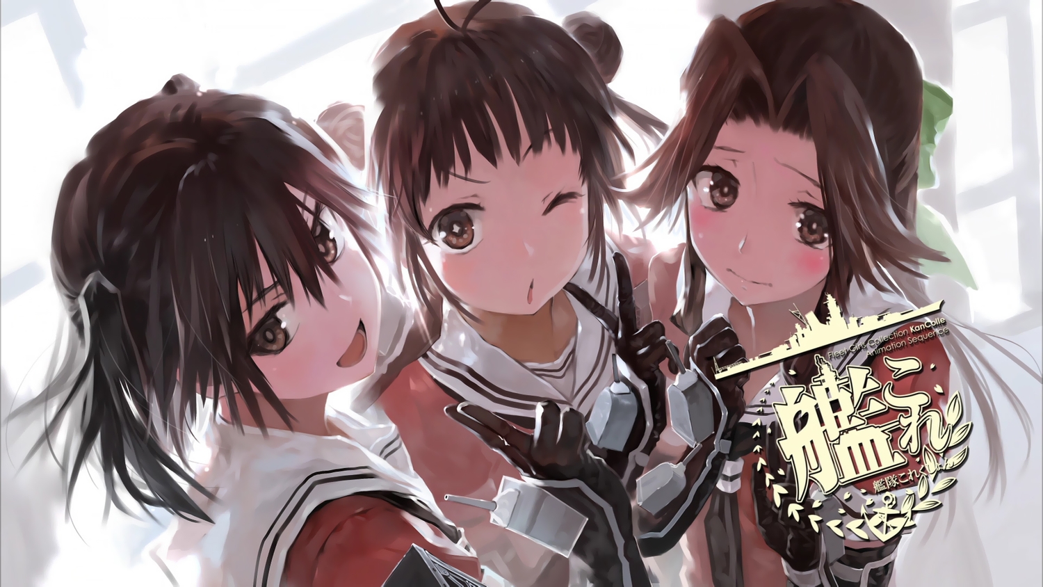 anthropomorphism, bob_(biyonbiyon), brown_eyes, brown_hair, gloves, jintsuu_(kancolle), kantai_collection, logo, naka_(kancolle), school_uniform, sendai_(kancolle), wink