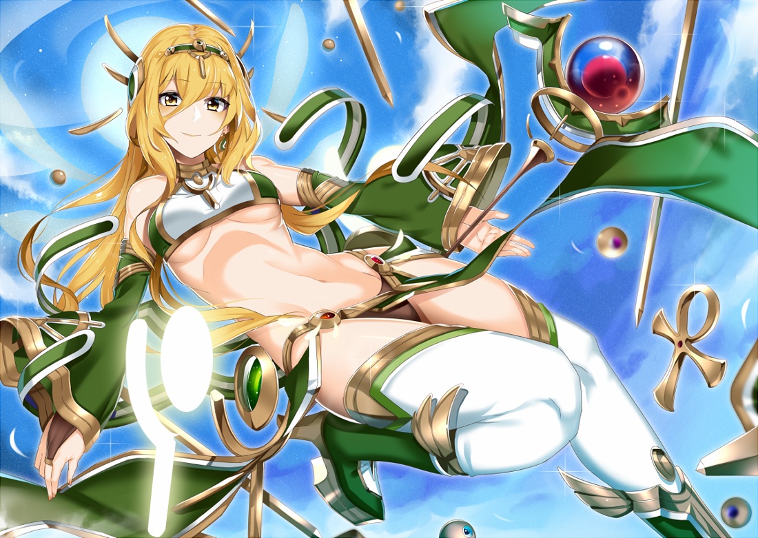 blonde_hair, boots, breasts, brown_eyes, headdress, koko_shiguma, long_hair, navel, original, thighhighs, underboob