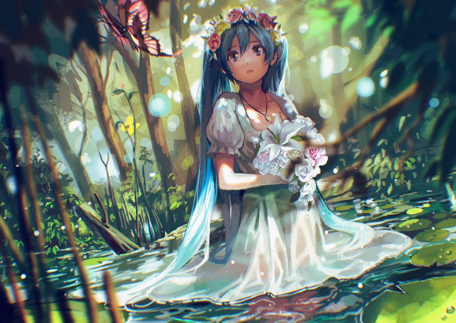 aqua_eyes, aqua_hair, butterfly, flowers, forest, hatsune_miku, headdress, long_hair, necklace, pine_(yellowpine112), rose, tears, tree, twintails, vocaloid, water