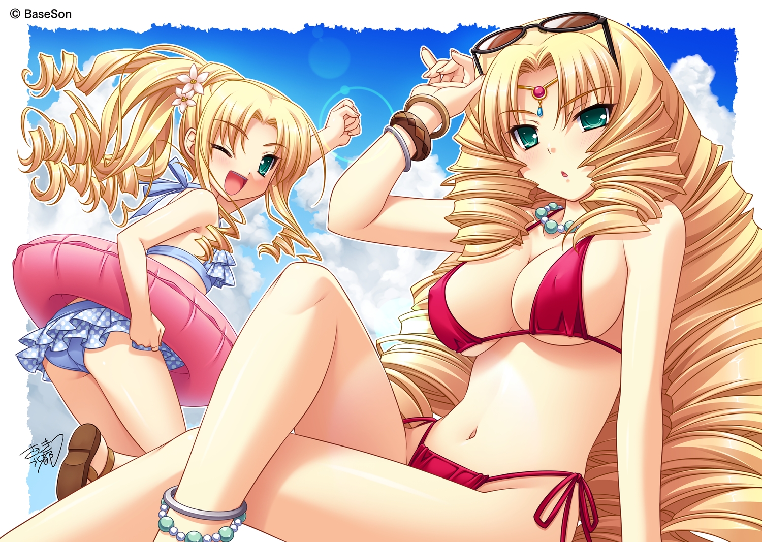 2girls, ass, bikini, blonde_hair, breasts, cleavage, enjutsu, enshou
