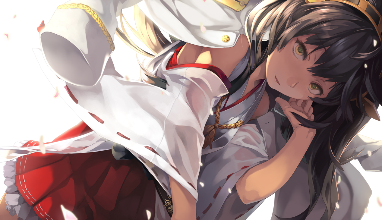 anthropomorphism, brown_hair, close, haruna_(kancolle), headband, japanese_clothes, kantai_collection, long_hair, miko, petals, riku_(wana), white, yellow_eyes