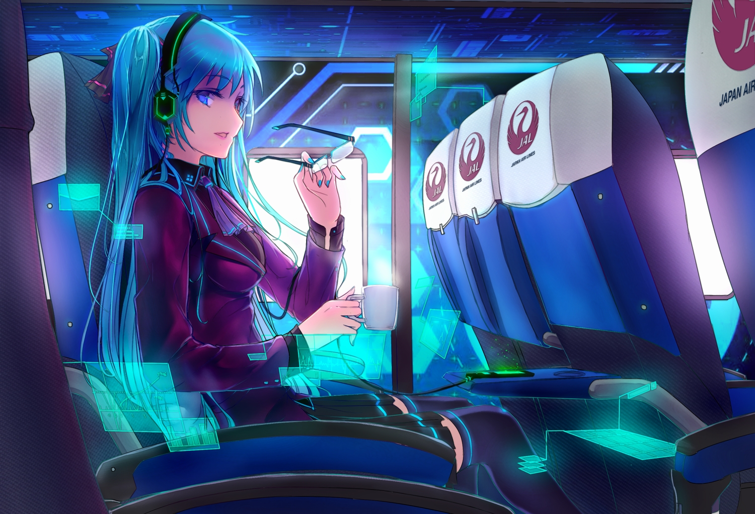 aircraft, aqua_eyes, aqua_hair, drink, glasses, hatsune_miku, headphones, hourai_no_hangentsuki, long_hair, phone, thighhighs, uniform, vocaloid