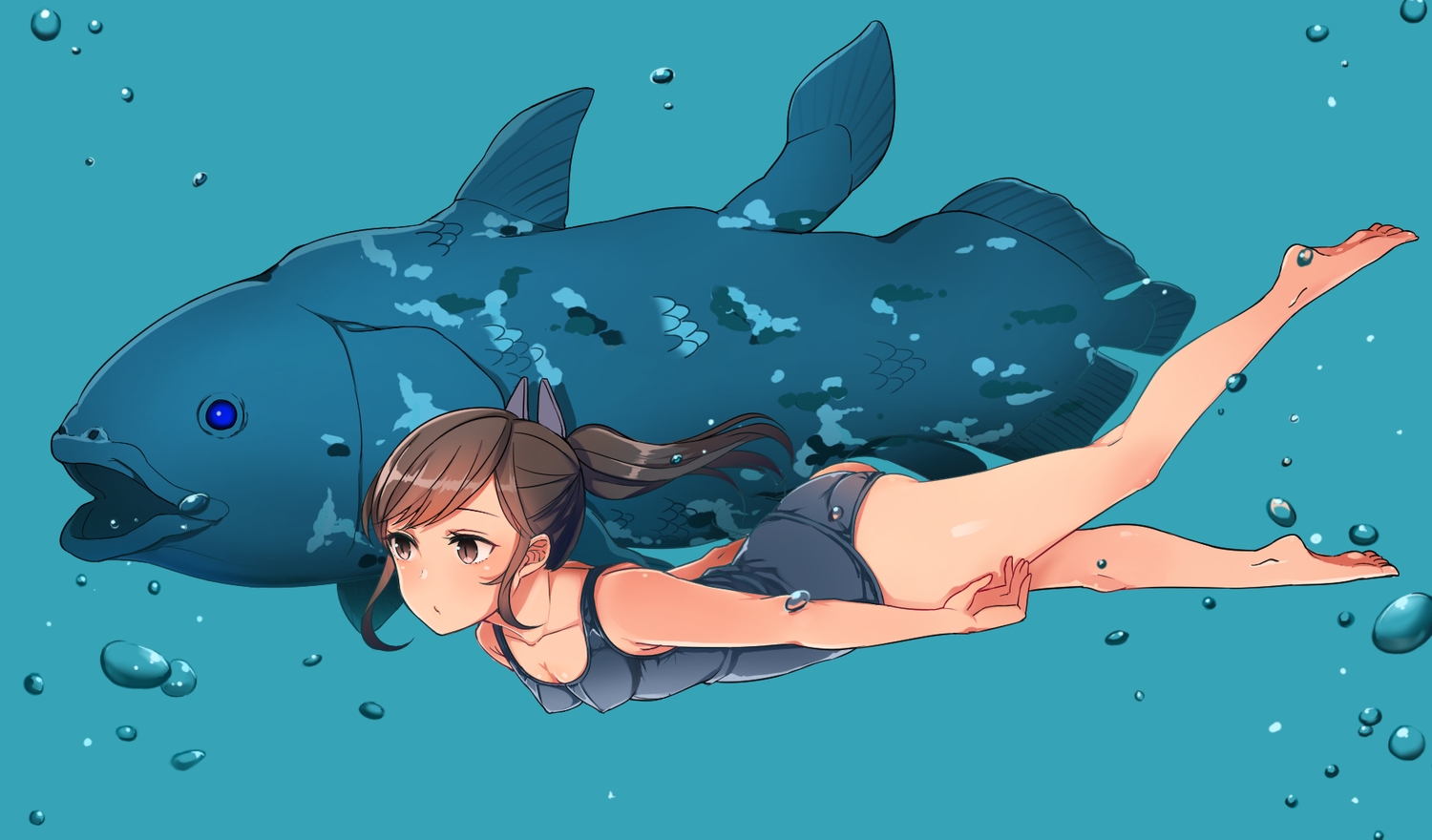 animal, anthropomorphism, ass, barefoot, breasts, brown_hair, cleavage, erect_nipples, fish, i-401_(kancolle), kantai_collection, oniku_(oishii_oniku), ponytail, school_swimsuit, swimsuit, underwater, water