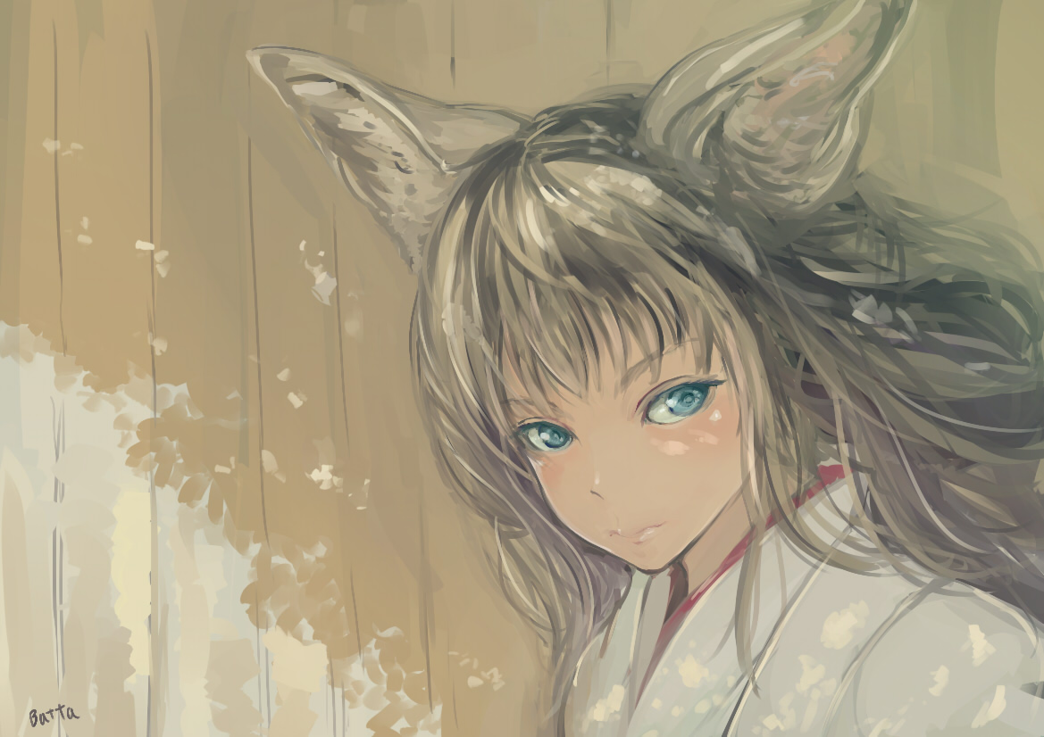 animal_ears, batta_(kanzume_quality), blue_eyes, blush, brown_hair, long_hair, original, signed