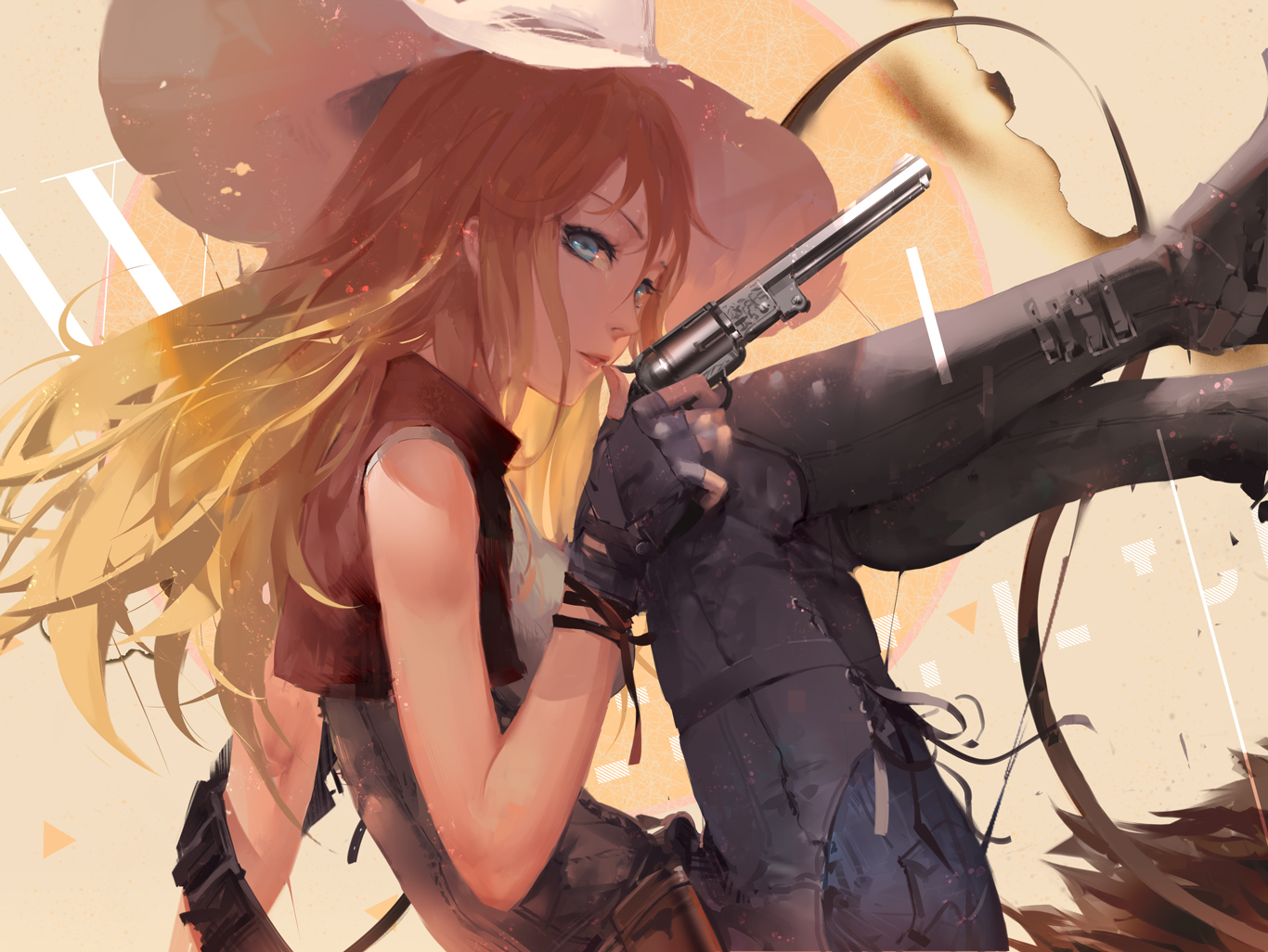 aqua_eyes, blonde_hair, boots, cowgirl, gloves, gun, hat, jn3, long_hair, original, weapon