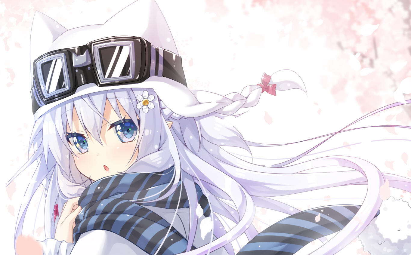 anthropomorphism, blue_eyes, braids, goggles, hat, hibiki_(kancolle), kantai_collection, long_hair, mitsuki, scarf, white_hair, winter