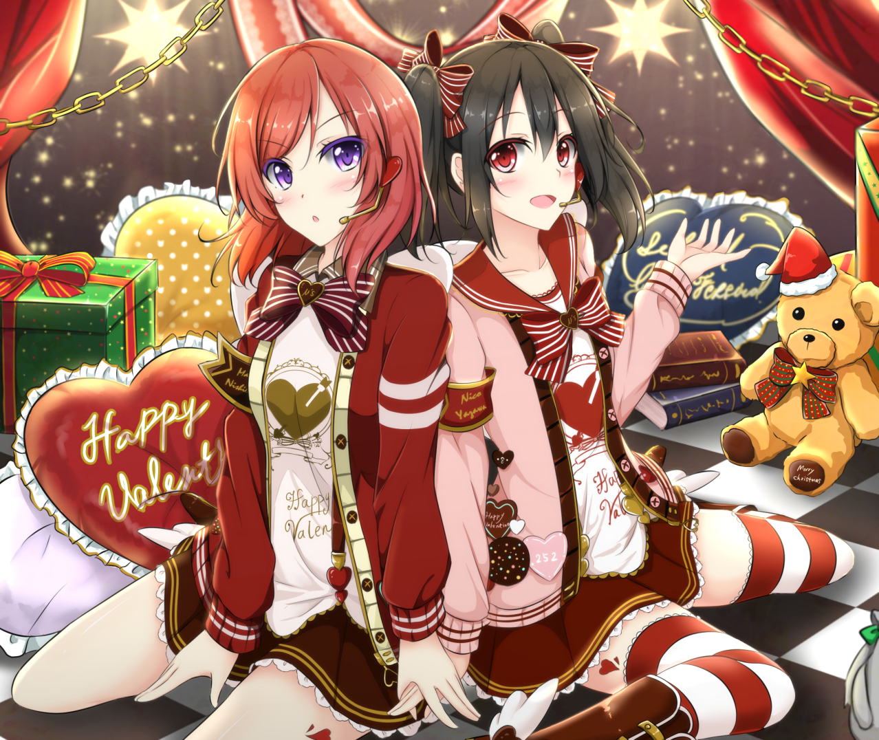 2girls, black_hair, book, christmas, headphones, heart, love_live!_school_idol_project, microphone