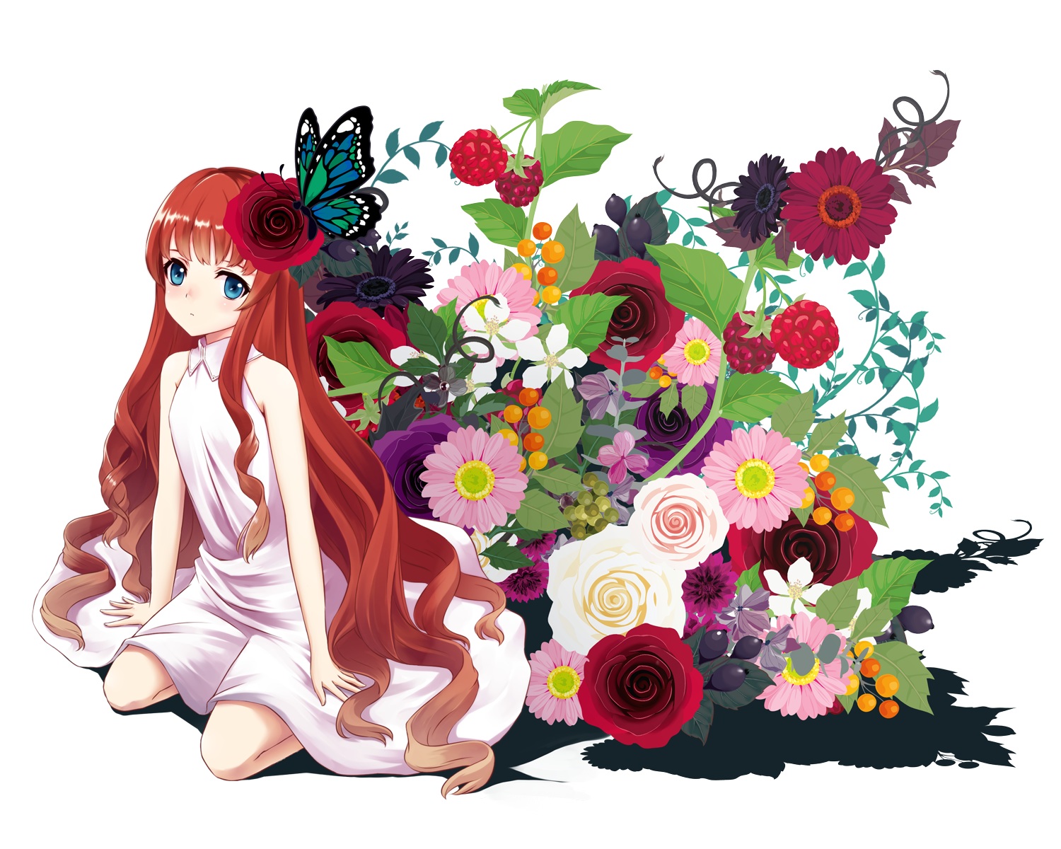 blue_eyes, butterfly, dress, flowers, food, fruit, lakuhito, long_hair, orange_hair, original, white