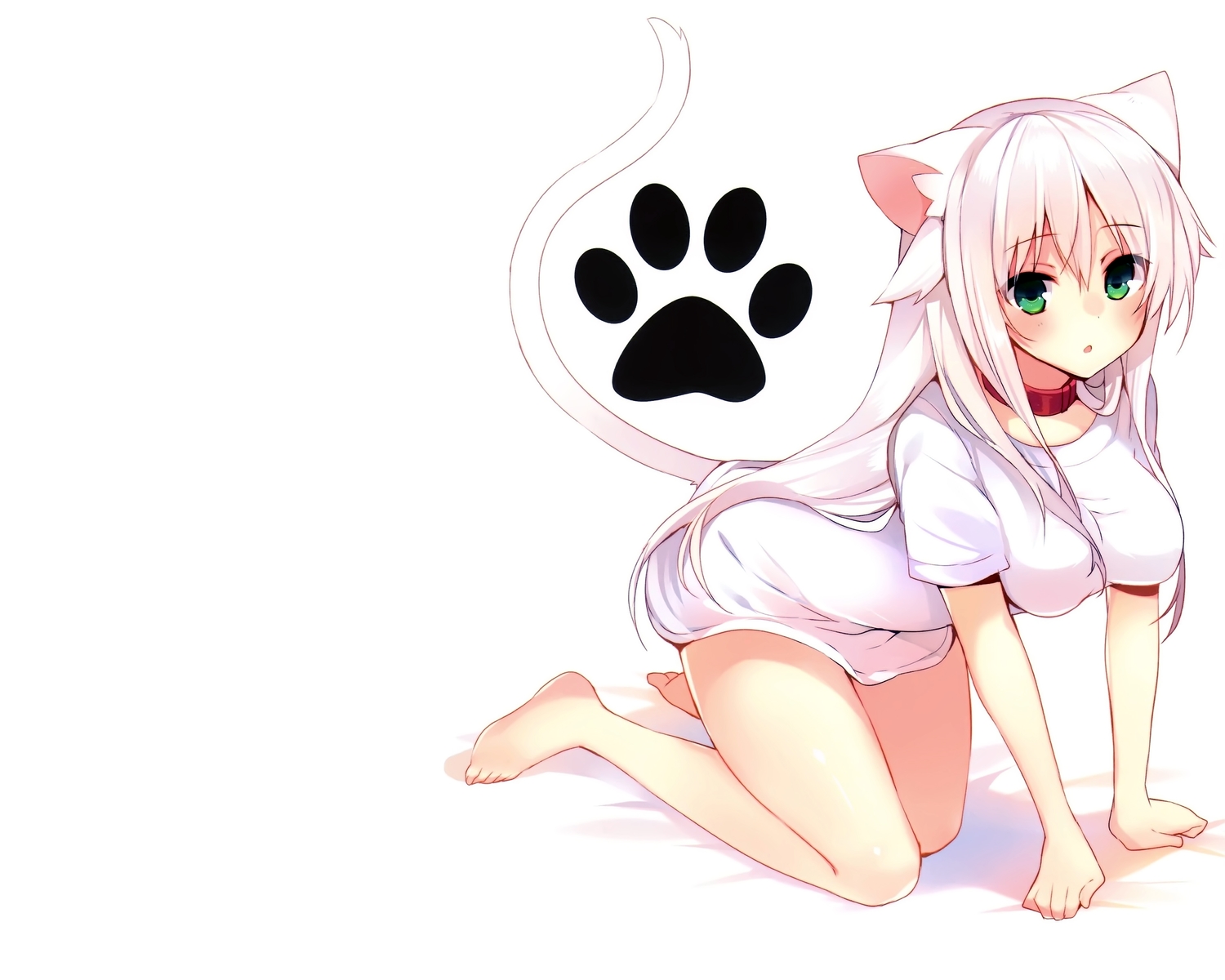 animal_ears, barefoot, catgirl, green_eyes, long_hair, mishima_kurone, original, tail, white, white_hair