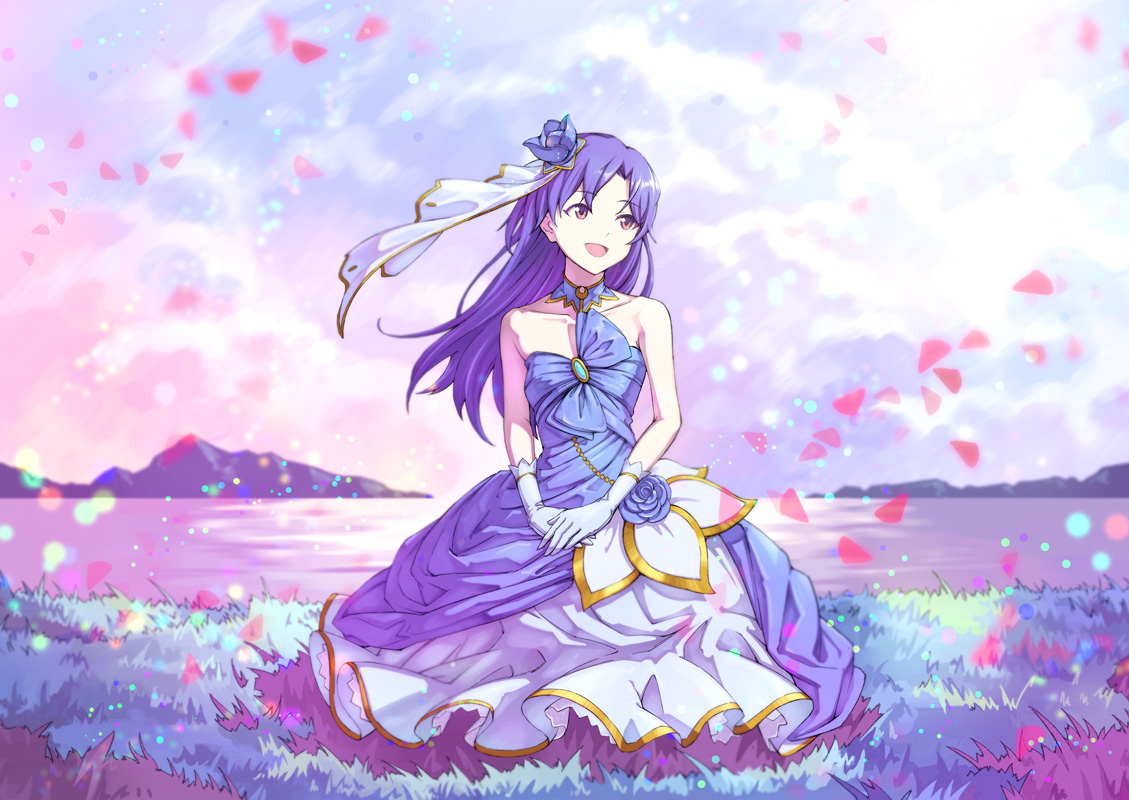 choker, clouds, dress, flowers, gloves, grass, headdress, idolmaster