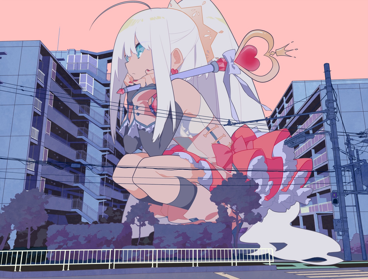 blue_eyes, boots, bow, building, long_hair, original, polychromatic, ponytail, wand, white_hair, yamada_kei