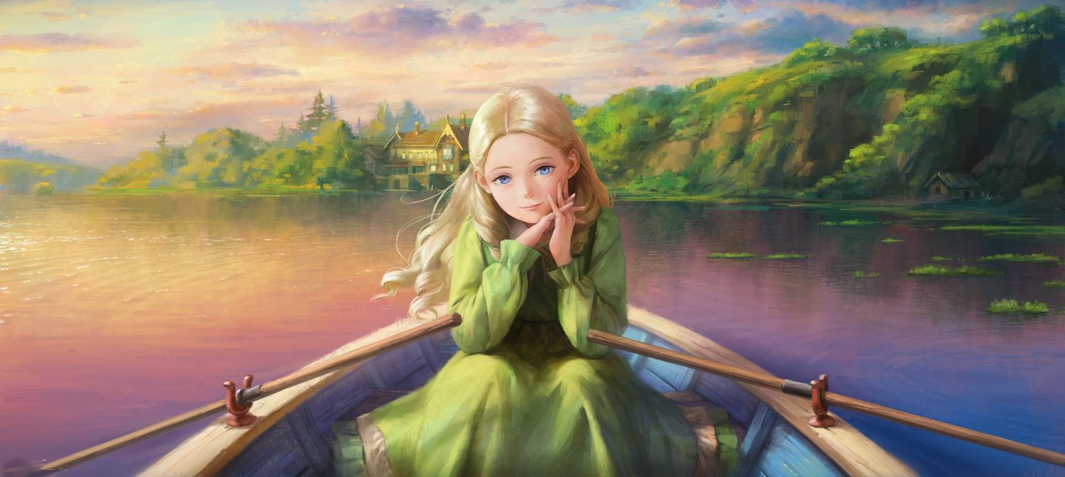 blonde_hair, blue_eyes, boat, building, clouds, dress, long_hair, marnie, nababa, omoide_no_marnie, realistic, scenic, sky, water