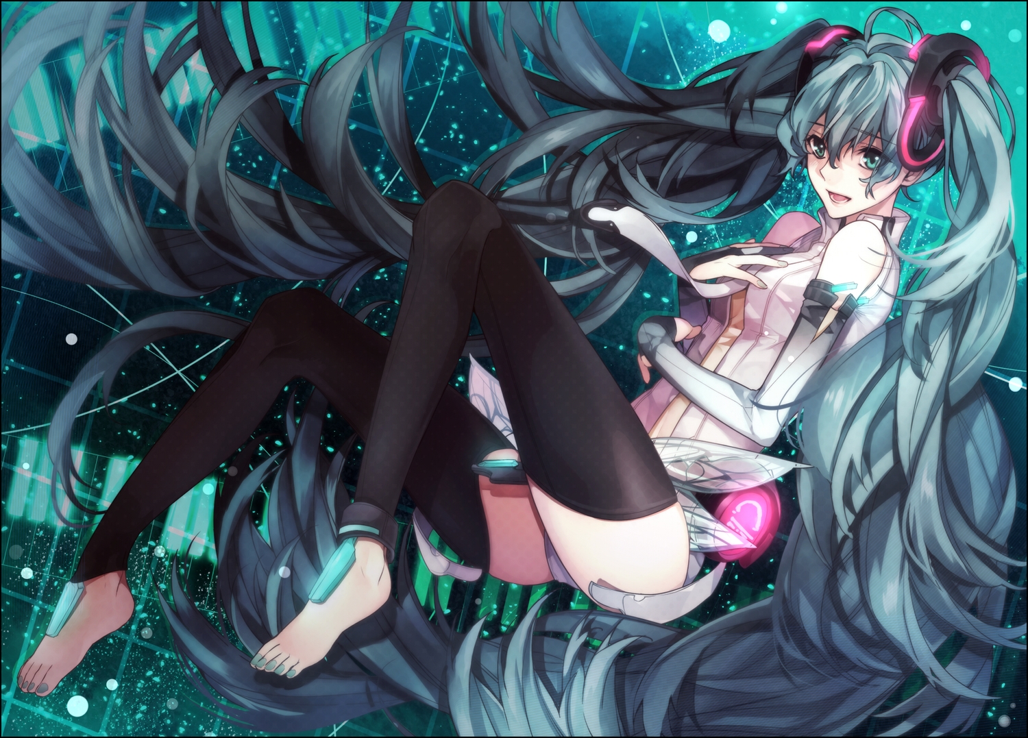 aqua_eyes, aqua_hair, barefoot, cyan, hatsune_miku, long_hair, miku_append, thighhighs