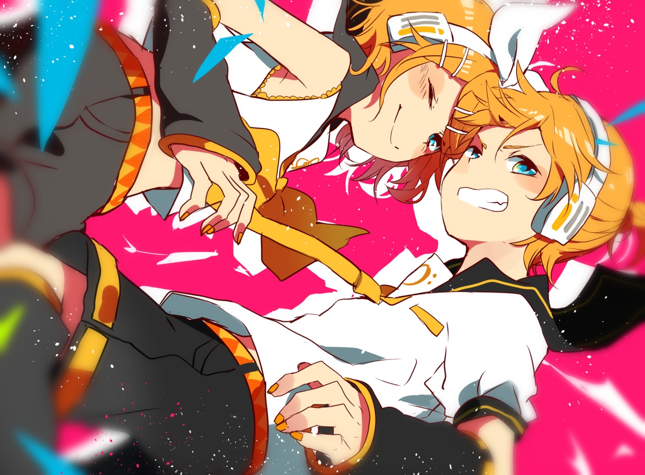 headphones, kagamine_len, kagamine_rin, makoji_(yomogi), male, polychromatic, vocaloid