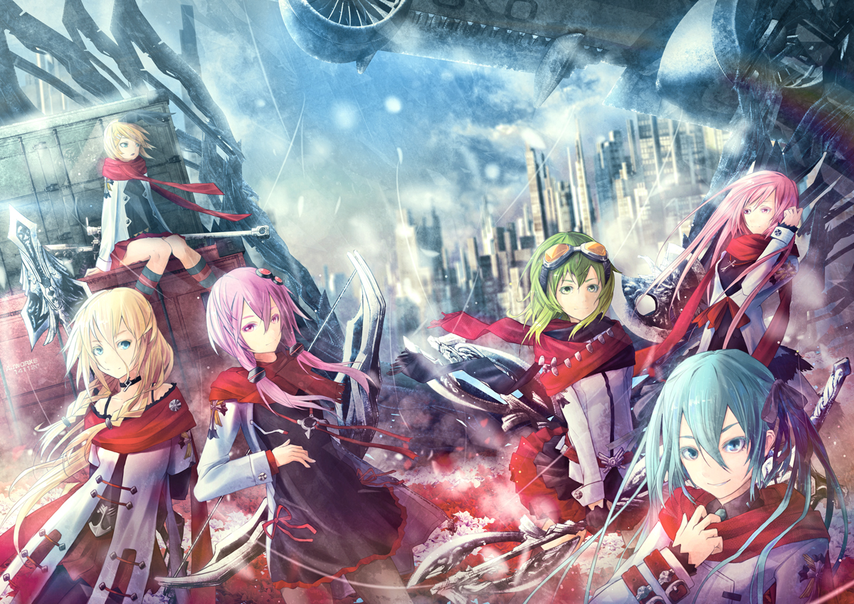 ajigo, bow_(weapon), building, choker, city, goggles, group, gumi