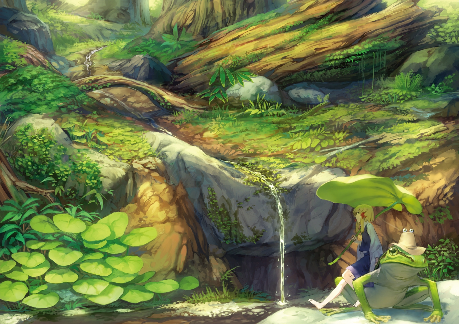 animal, barefoot, benitama, blonde_hair, forest, frog, grass, hat, landscape, leaves, moriya_suwako, scenic, skirt, touhou, tree, water, waterfall