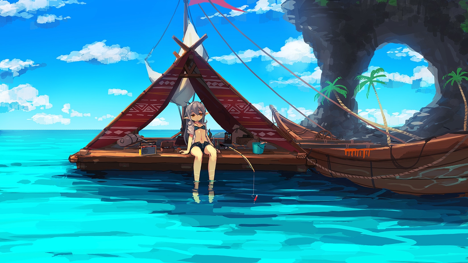 animal, barefoot, bee_(deadflow), boat, clouds, fish, gray_hair, long_hair